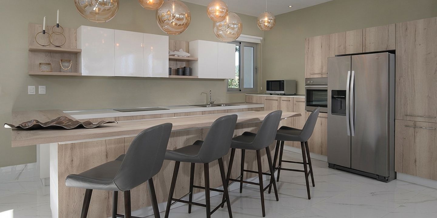 A modern kitchen with a central island, bar stools, a stainless steel refrigerator, and pendant lighting.