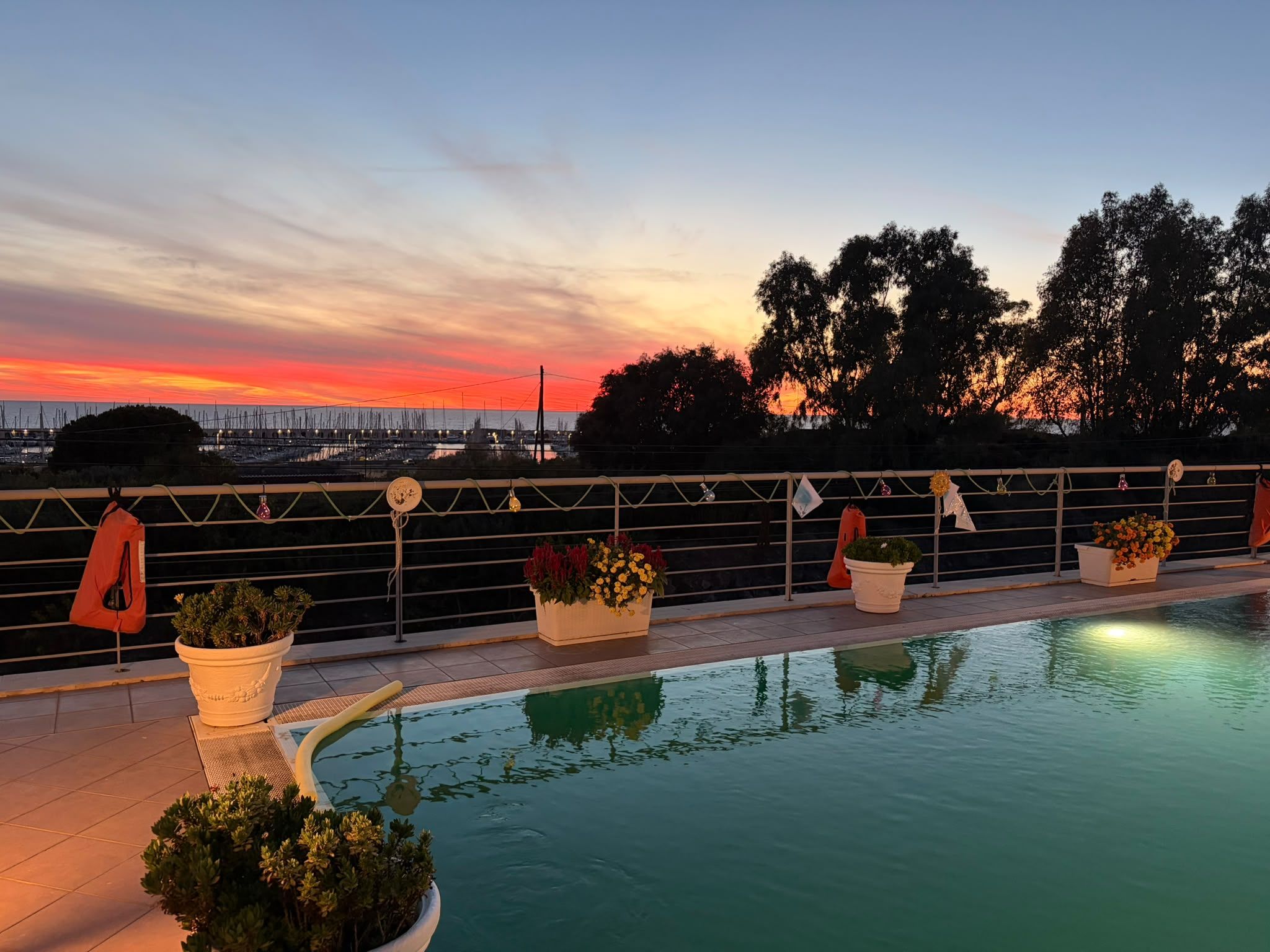 A swimming pool with potted plants and a sunset view.