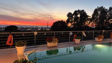 A swimming pool with potted plants and a sunset view.