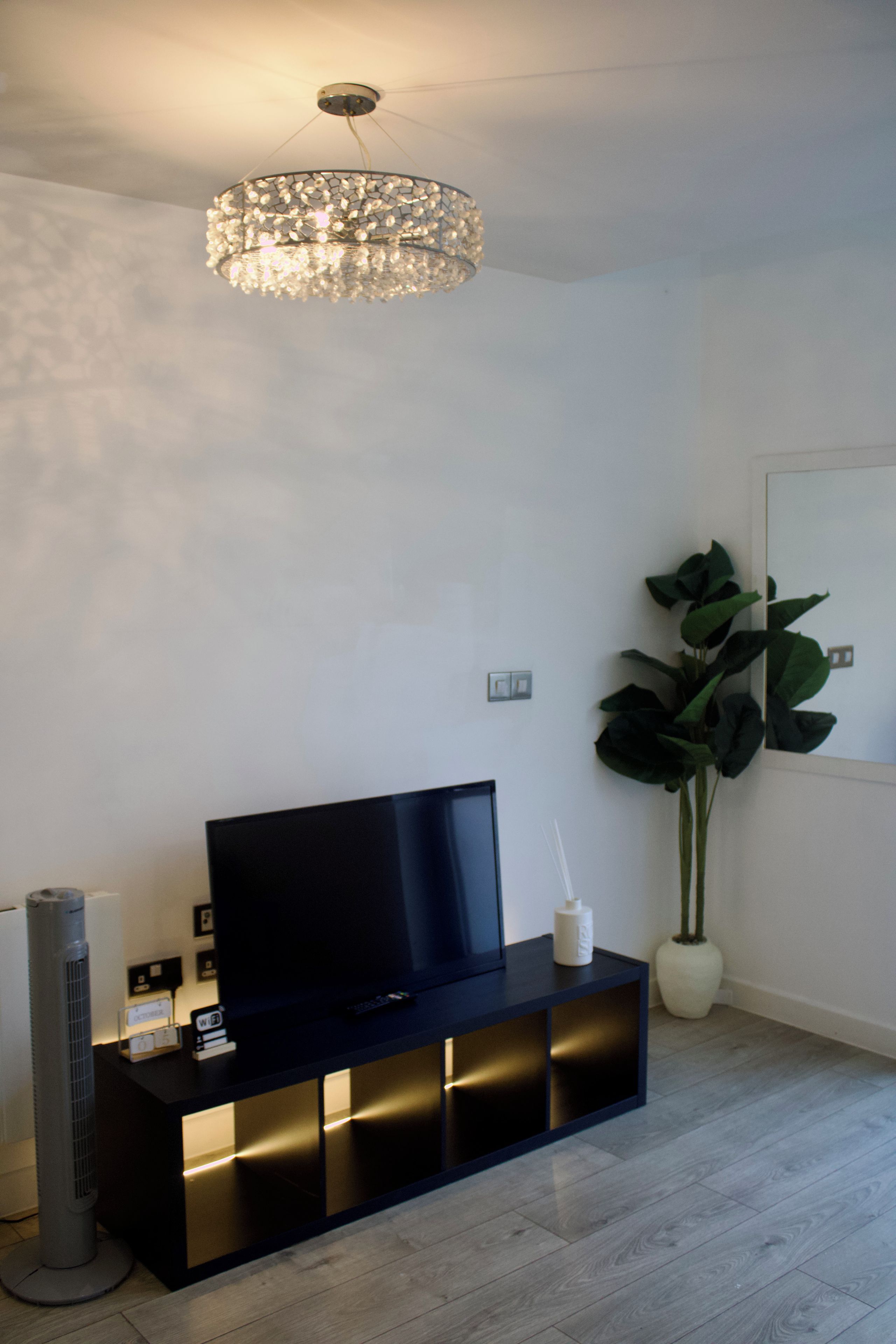 Un salon moderne avec un téléviseur à écran plat posé sur un meuble noir, une grande plante en pot et un luminaire décoratif au plafond.