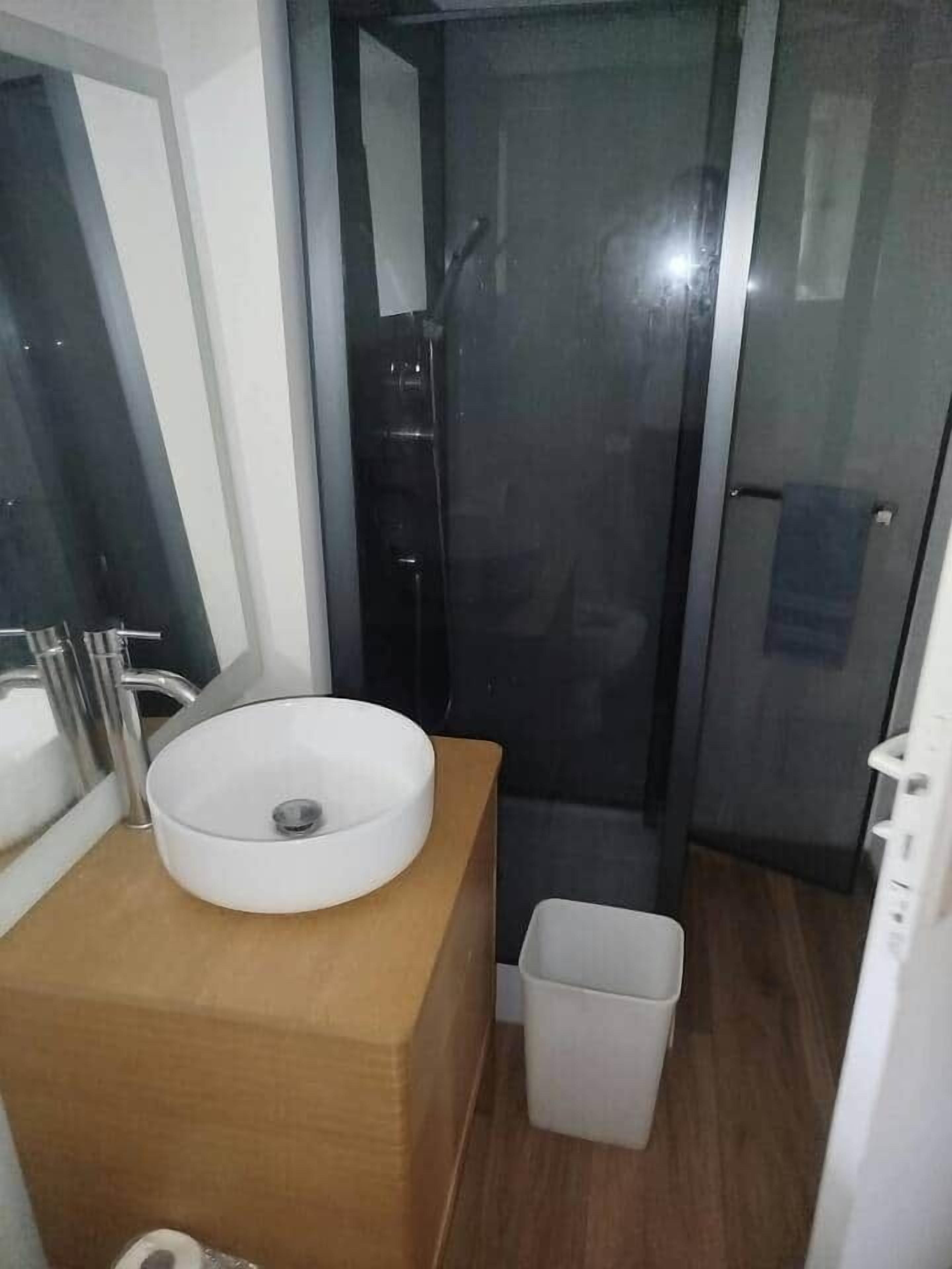 Une salle de bain avec un lavabo blanc, un miroir, une douche et une poubelle.