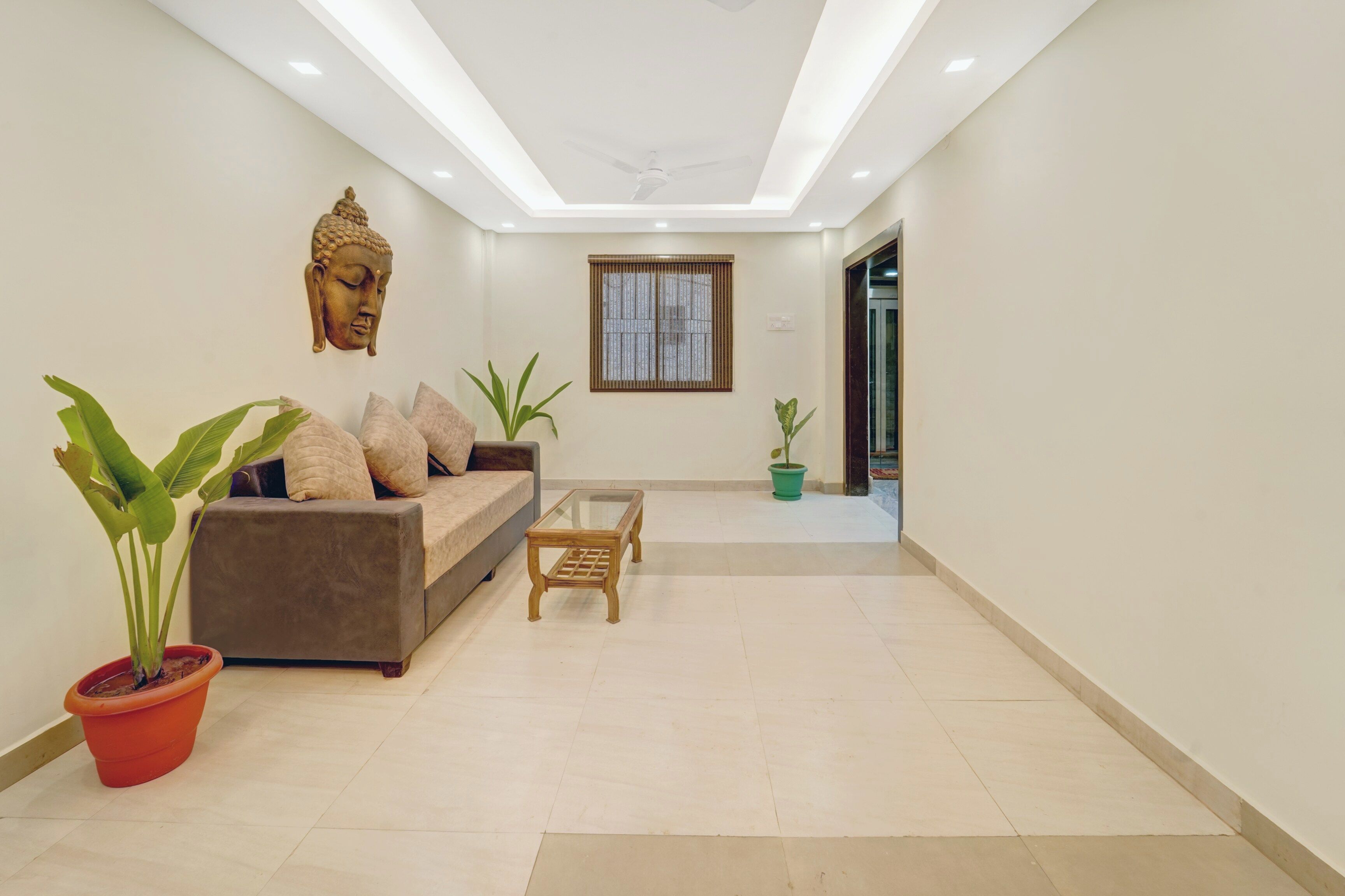 A modern living room with a sofa, a coffee table, and potted plants.