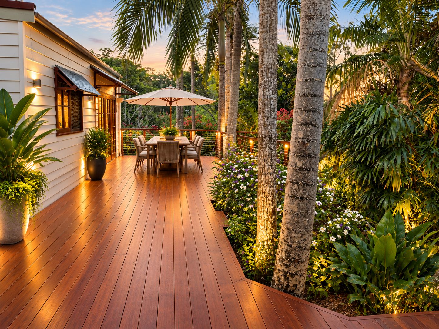 A wooden deck with a table and chairs, surrounded by tropical plants and palm trees.