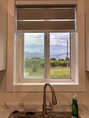 Cozinha com janela que dá para a paisagem, pia de aço inoxidável e torneira.