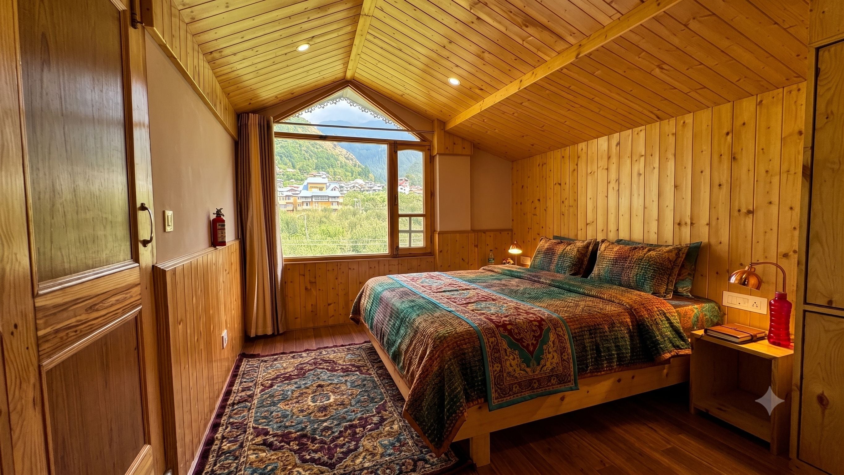 Un dormitorio con paneles de madera, una cama grande, una ventana con vistas a follaje y una alfombra estampada.