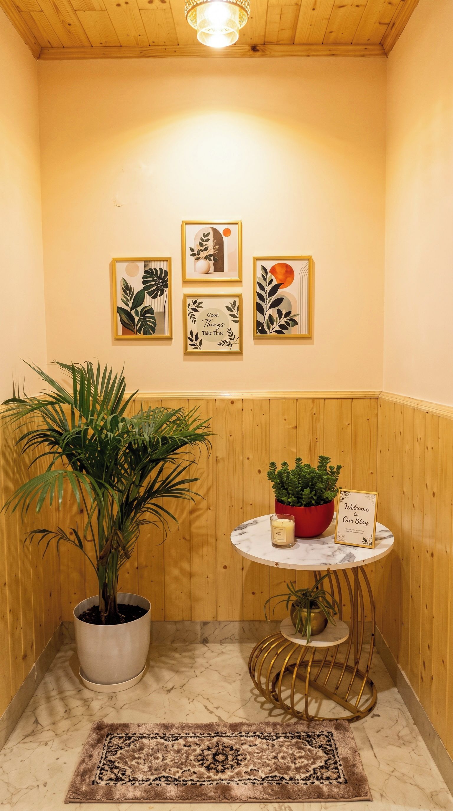 A hallway with wooden paneling, a potted plant, a small table with a candle, and framed artwork on the wall.