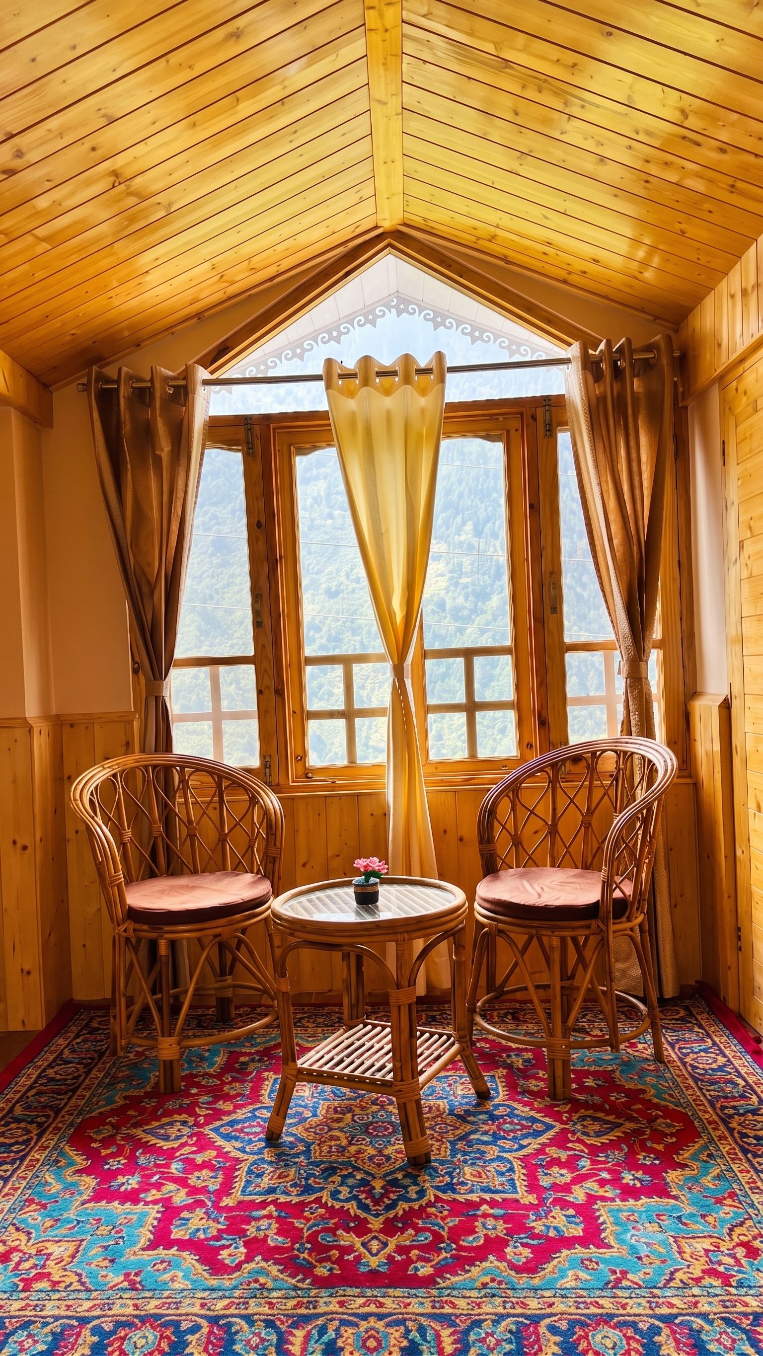 A cozy room with wooden walls and a sloped ceiling, featuring two wicker chairs, a small round table, and a colorful carpet.