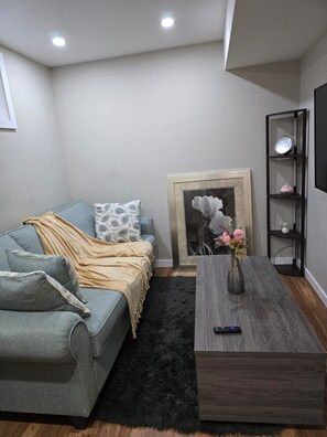 Un salon moderne avec un canapé gris, un tapis noir à poils longs, une table basse en bois et une œuvre d’art encadrée accrochée au mur.
