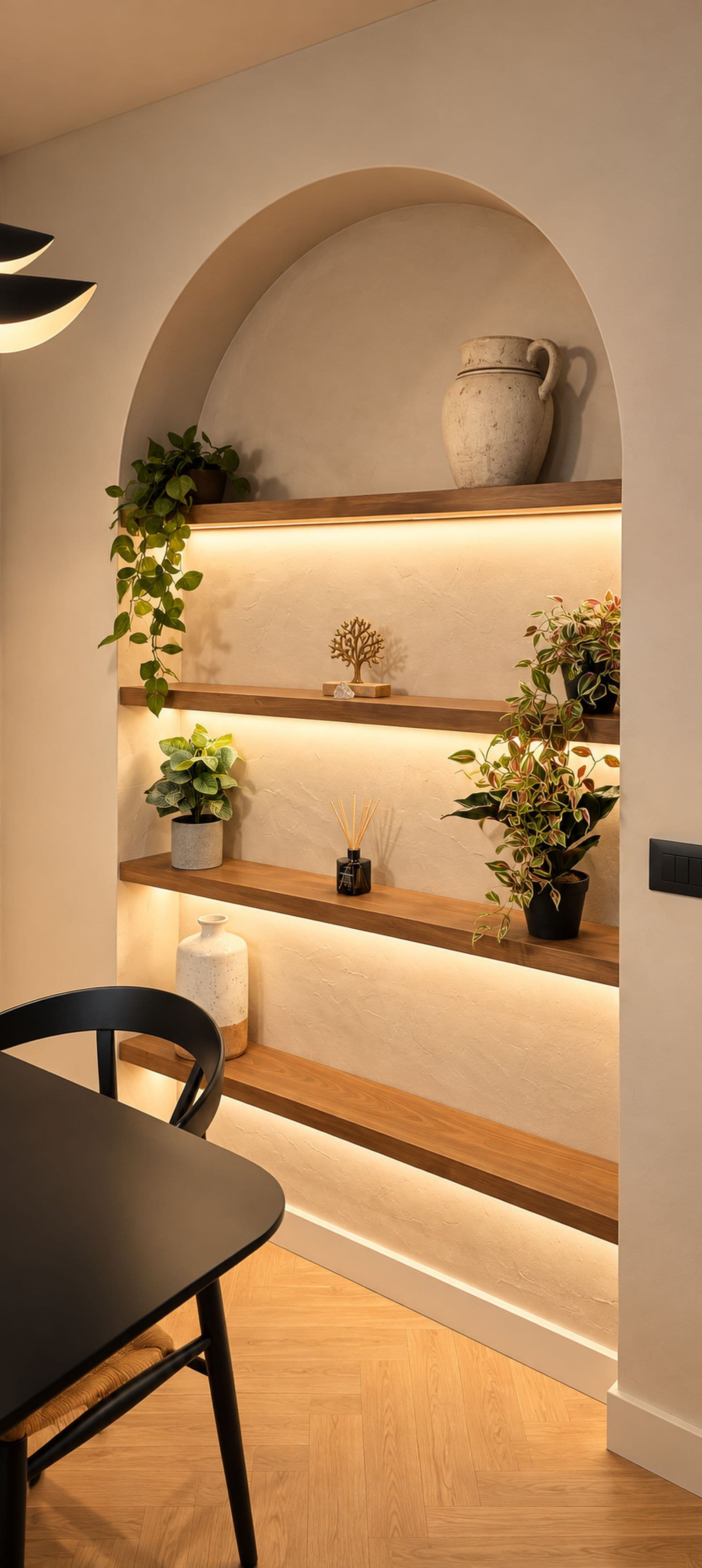 A modern kitchen with wooden shelves, a hanging plant, and a rustic pot.