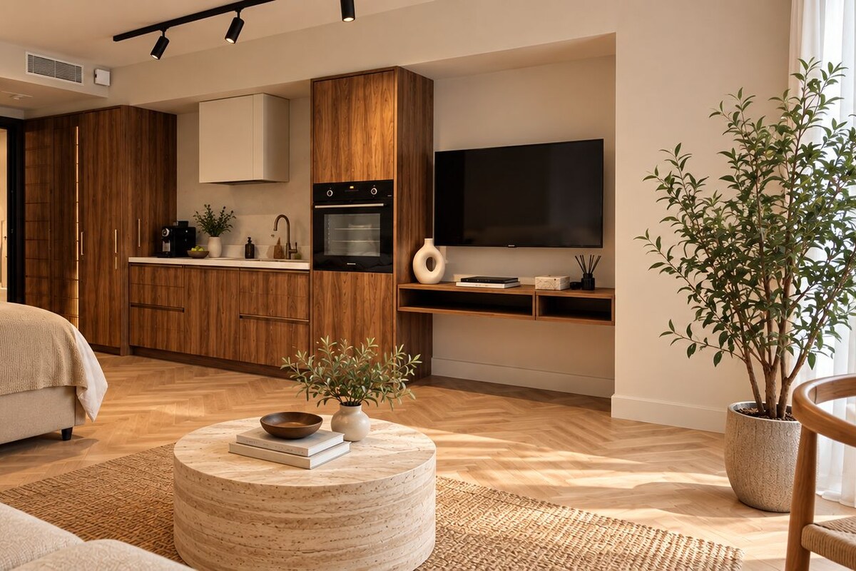 A modern bedroom with a bed, bedside table, and a round coffee table.