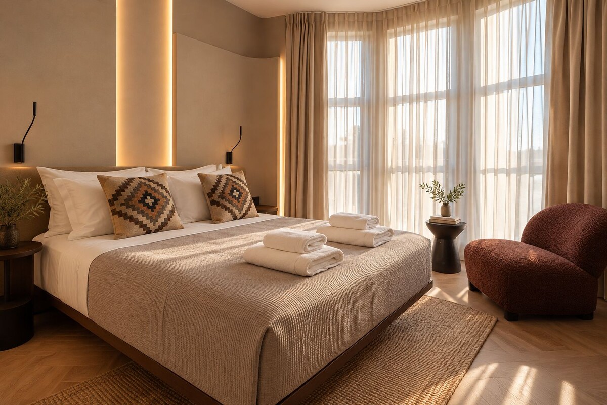 A spacious bedroom with a large bed, a sitting area with a chair, and a view of the outdoors through sheer curtains.