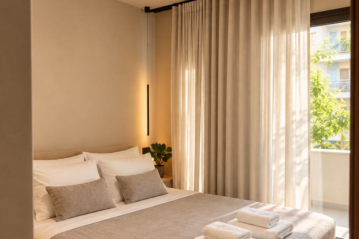 A neatly made bed with a headboard, a bedside plant, and a window with curtains.