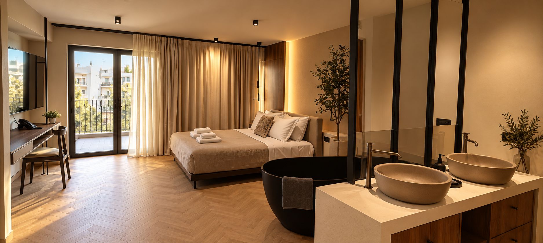 A modern hotel room with a bed, a desk, a large mirror, and a bathroom with a double sink.