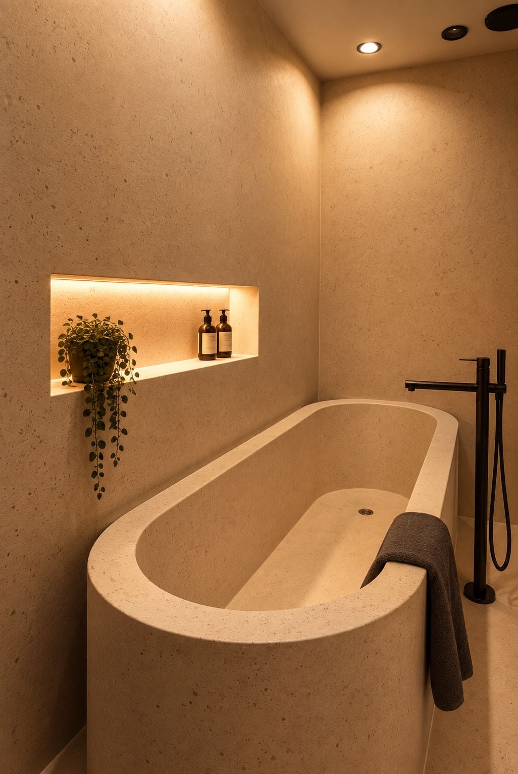 A modern bathroom with a freestanding bathtub, a shelf with toiletries, and a potted plant.