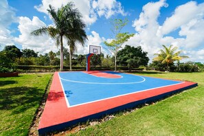 An outdoor basketball court with a blue and red surface, surrounded by grass and trees. - Rancho PapaTan (Higuey)