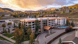 Aerial front view | Listed with @BookTraverse - NEW - Stellar Location with Hot Tub, Pool, Steam Room & Gym Acces, Pets Okay (Crested Butte)