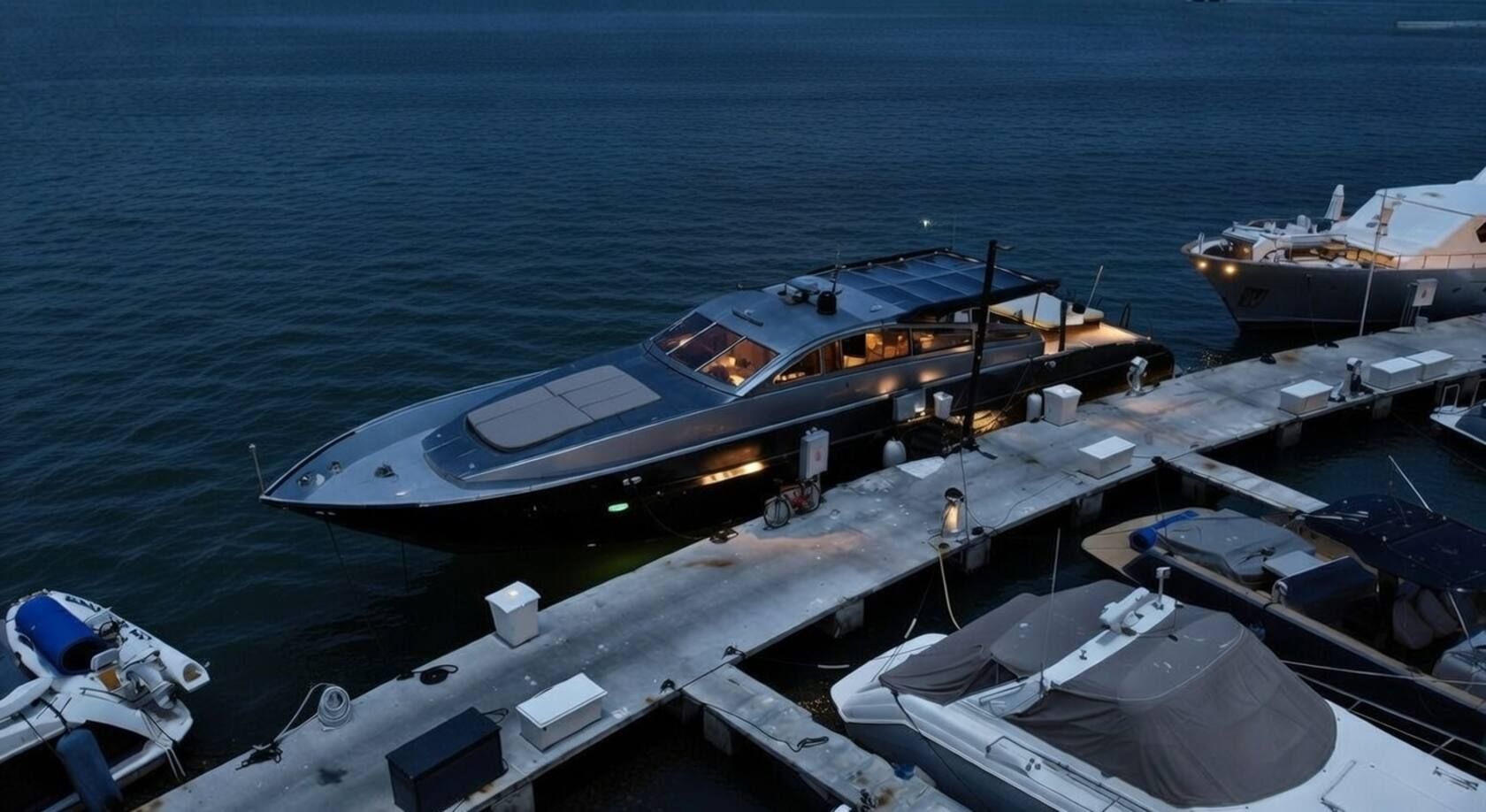 Eine große Yacht liegt in einer Marina festgemacht, mit einer überdachten Deckfläche und mehreren kleineren Booten in der Nähe.