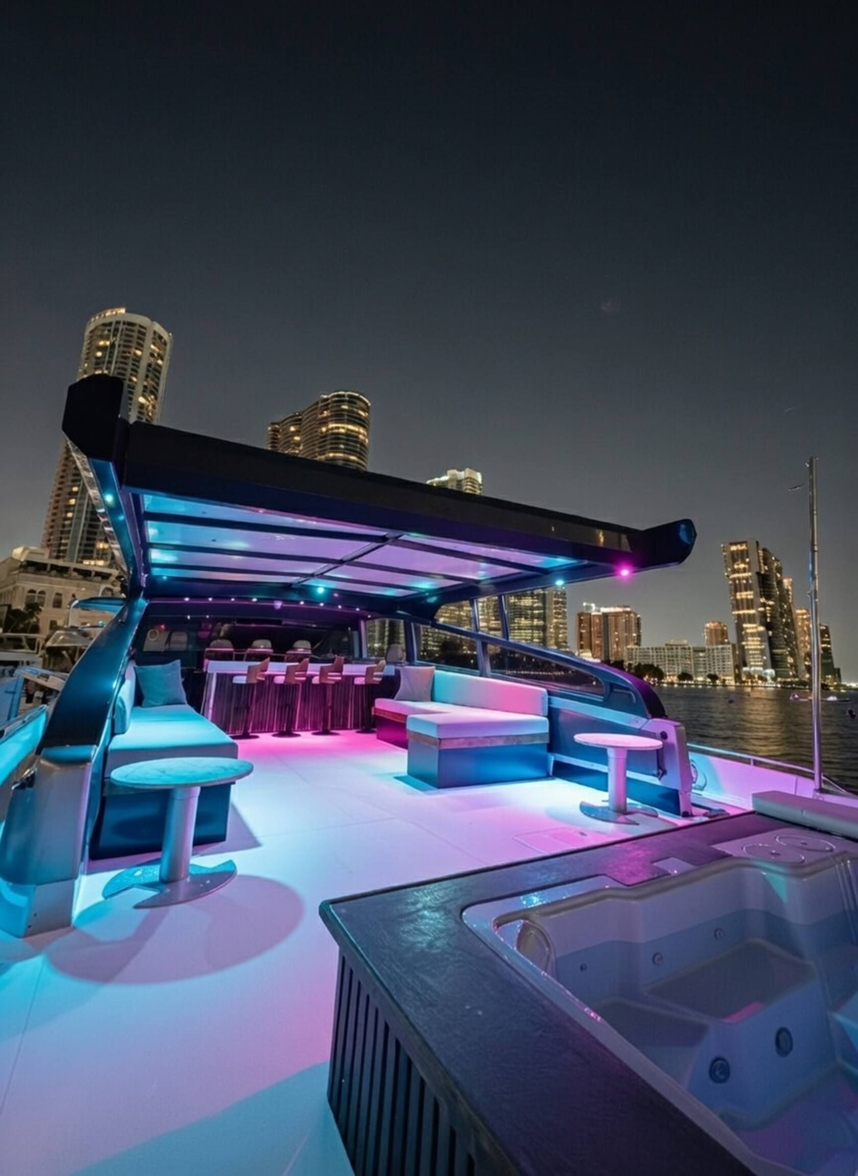 Vista nocturna de cubierta de barco con asientos y jacuzzi, con vistas a un horizonte urbano.