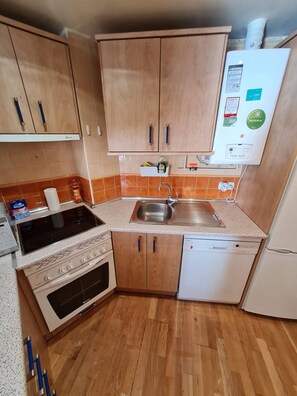 A kitchen with wooden cabinets, a built-in oven, a dishwasher, and a water heater. - Great Apartment in Madrid (Madrid)