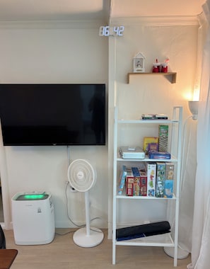 A room with a flat-screen TV mounted on the wall, a standing fan, a white heater, and a bookshelf with various items.
