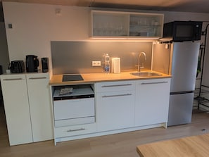A compact kitchenette with a microwave, toaster, and coffee maker on the countertop, a sink, and a refrigerator.