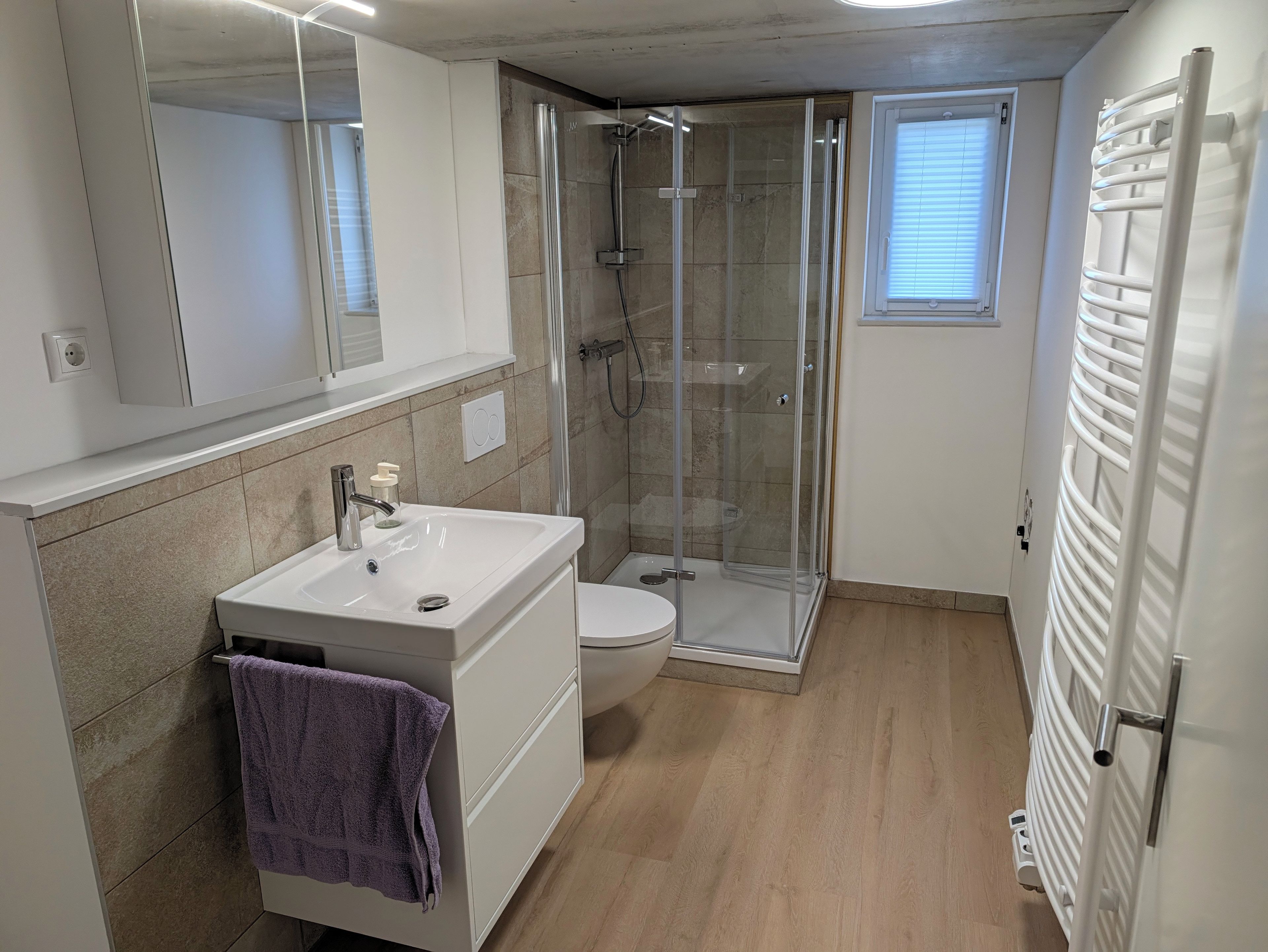 A modern bathroom with a glass-enclosed shower, a white sink, and a toilet.