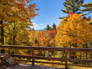 Una terraza de madera con vistas a un bosque en tonos otoñales.