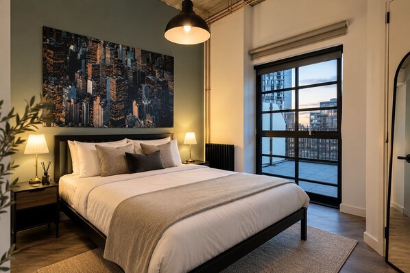 A modern bedroom with a cityscape view, a large bed, bedside lamps, and a radiator. - Luxury 2BR Wembley Loft | Skyline Views | Near Wembley Stadium (Wembley)