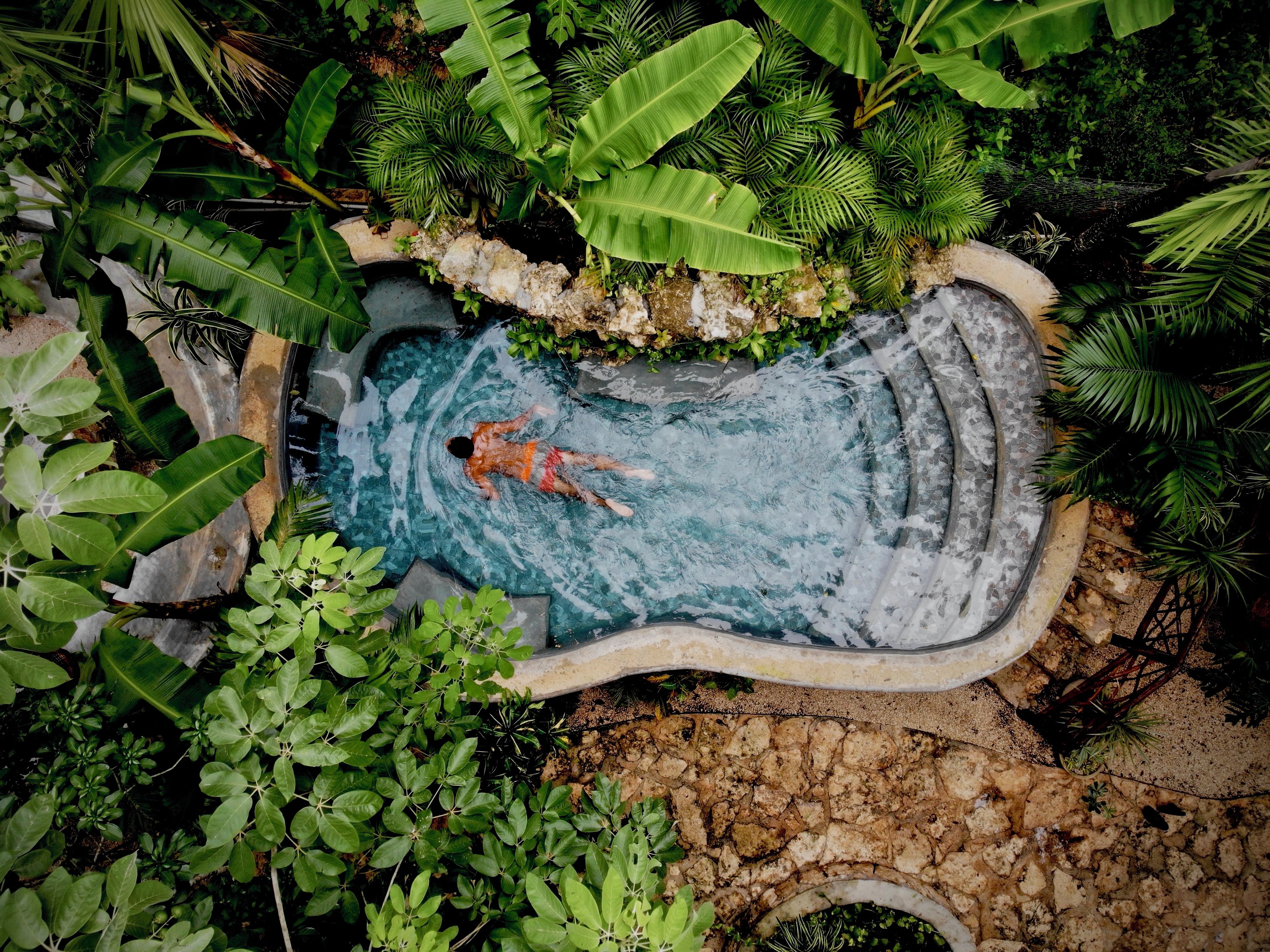 A man swimming in a natural pool surrounded by lush greenery.