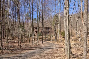 A forested area with a dirt path leading to a rustic cabin structure. - Woodsy WV Cabin near Lost River w Deck & Fire Pit! (Mathias)