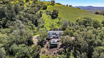 A modern two-story house surrounded by lush greenery and vineyards.