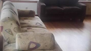 Una sala de estar con un sofá estampado y un sillón oscuro, ventanas amplias y suelo de madera.