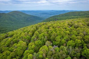 Un paisaje montañoso con bosque denso y casas dispersas.