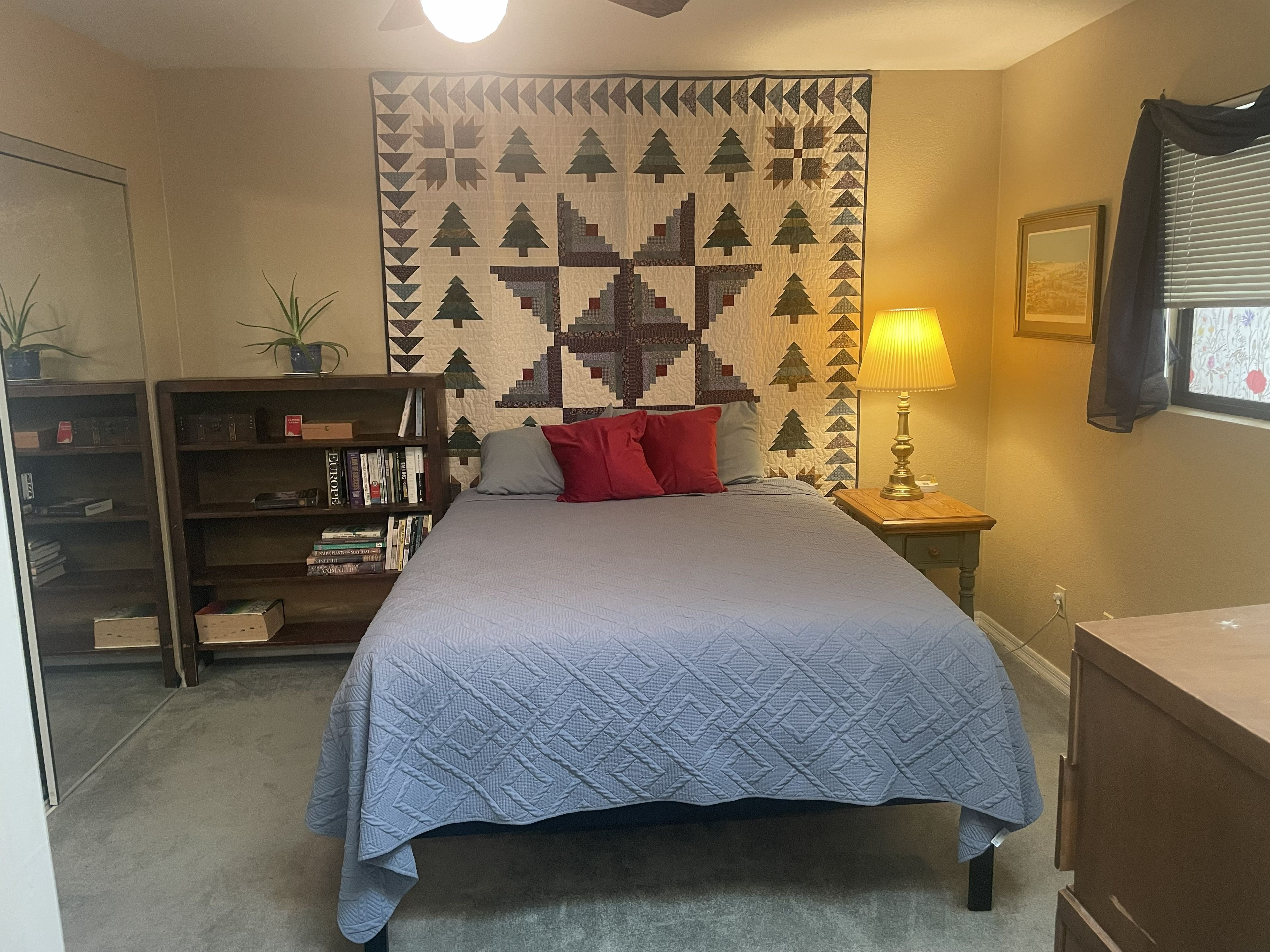 A bedroom with a bed, a bookshelf, a wall tapestry, a lamp, and a window with blinds.