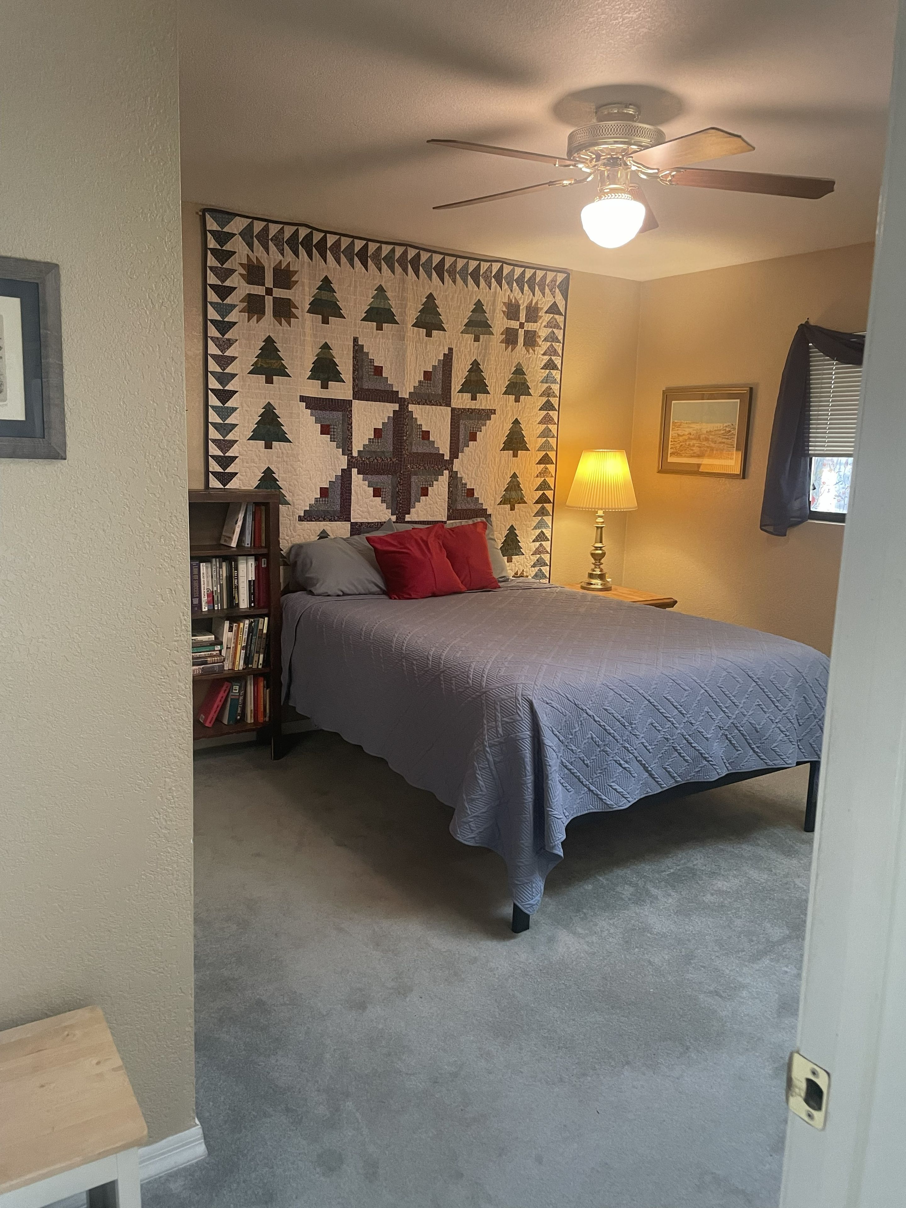 Une chambre à coucher comprenant un lit, une bibliothèque, une décoration murale, un ventilateur de plafond et une fenêtre avec des stores.