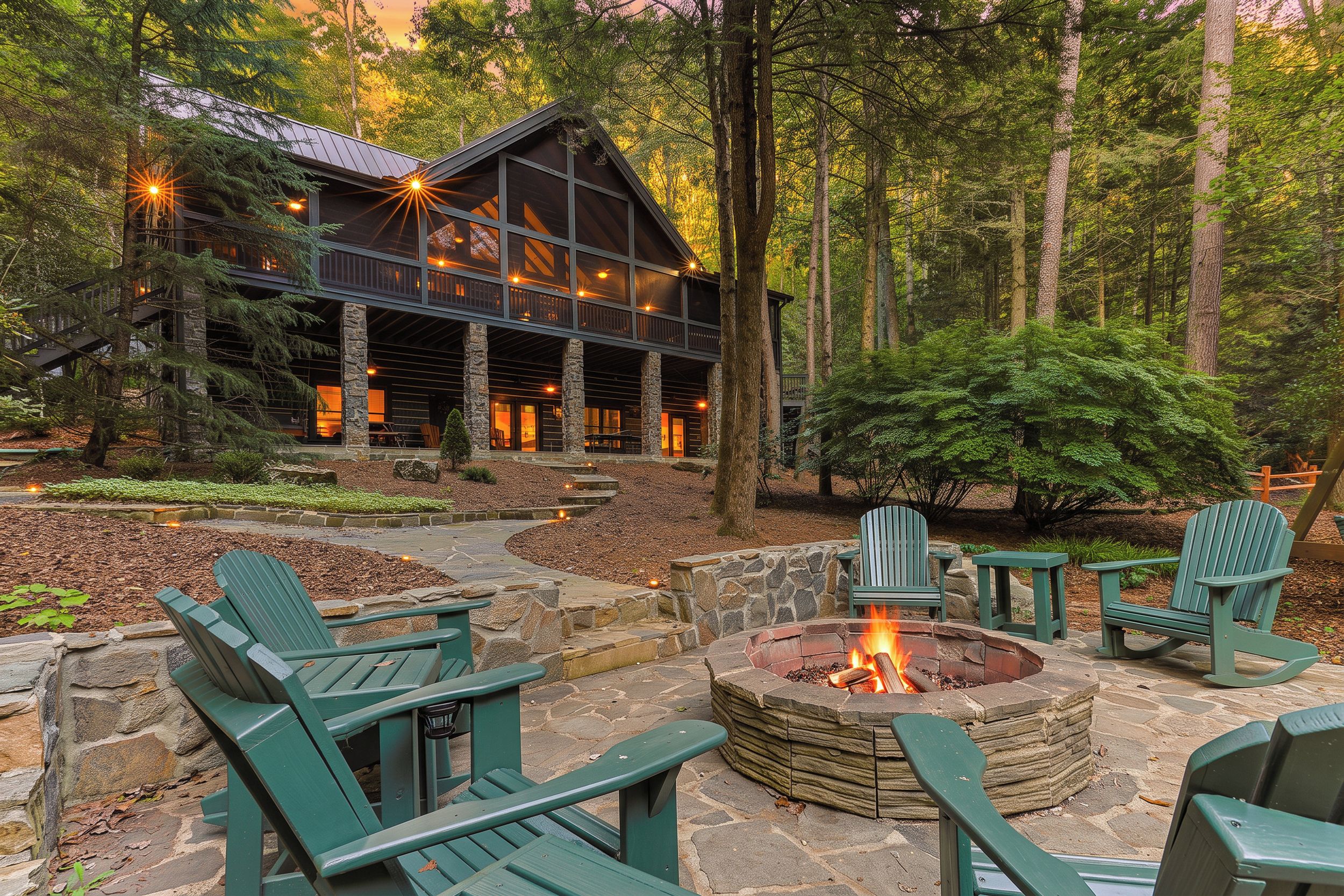 A lodge with a stone fire pit and Adirondack chairs.