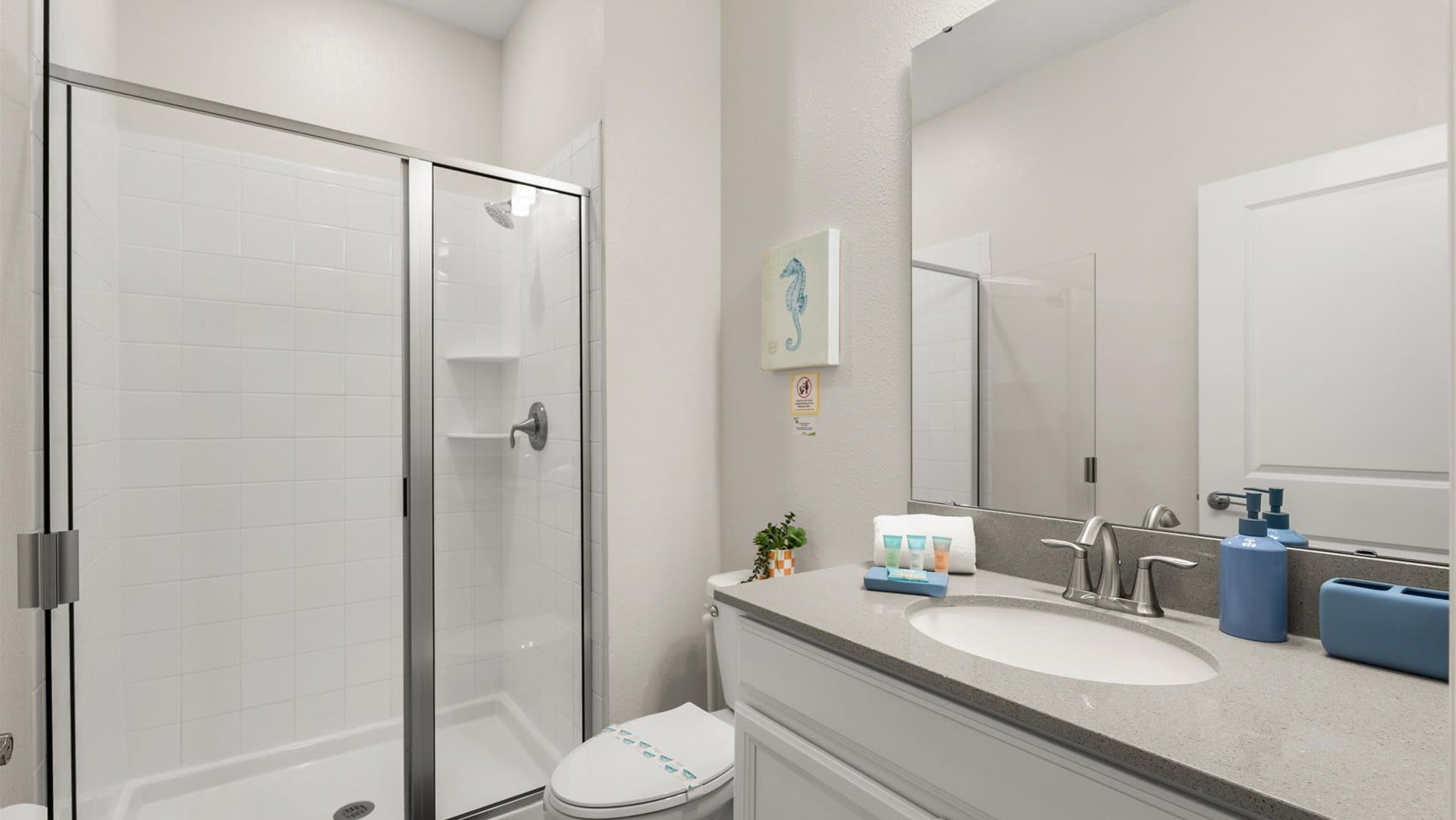 Un baño moderno con cabina de ducha de vidrio, inodoro blanco, lavamanos con espejo y artículos de aseo en la encimera.