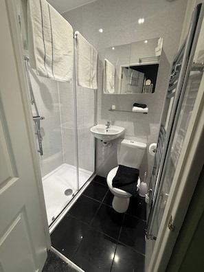 Ein Badezimmer mit einer Duschkabine aus Glas, einem weißen Waschbecken und einer Toilette.
