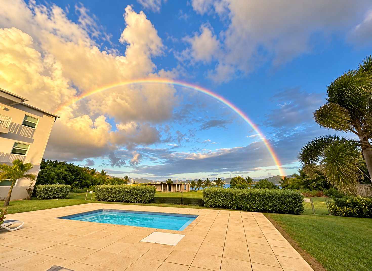 A swimming pool with a view of a building and a rainbow in the sky.