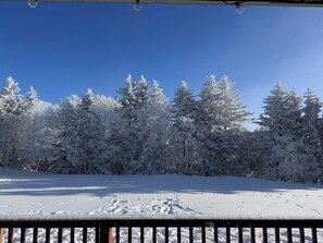 A snow-covered landscape with trees and a clear blue sky. - Your Perfect Snowshoe  Getaway make most of the mountains in this stylish condo! (Snowshoe)