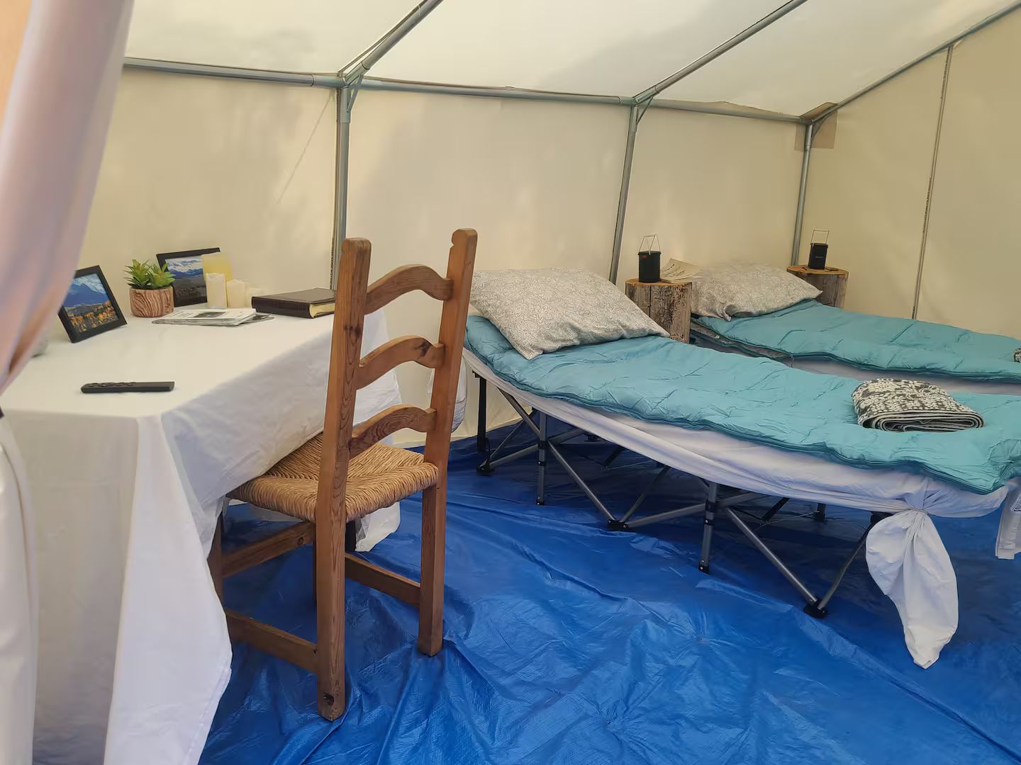 A tented room with a bed, a chair, a table with a remote control, and a small plant.