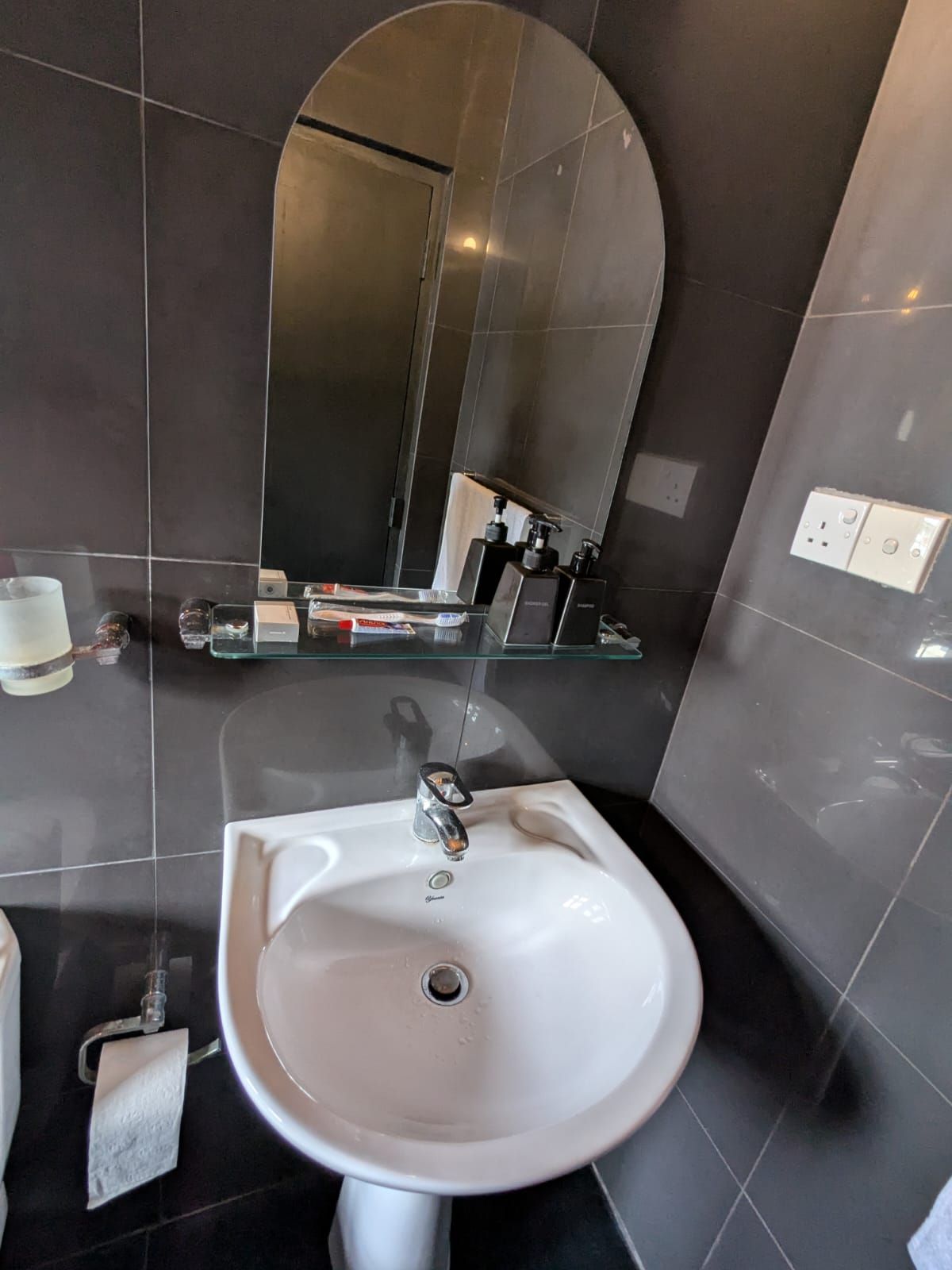 A bathroom with a white sink, a mirror, and a glass shelf with toiletries.