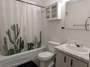Une salle de bain avec un rideau de douche orné d’illustrations de cactus, des toilettes, un lavabo avec un plan de travail en marbre et un meuble avec un miroir au-dessus.