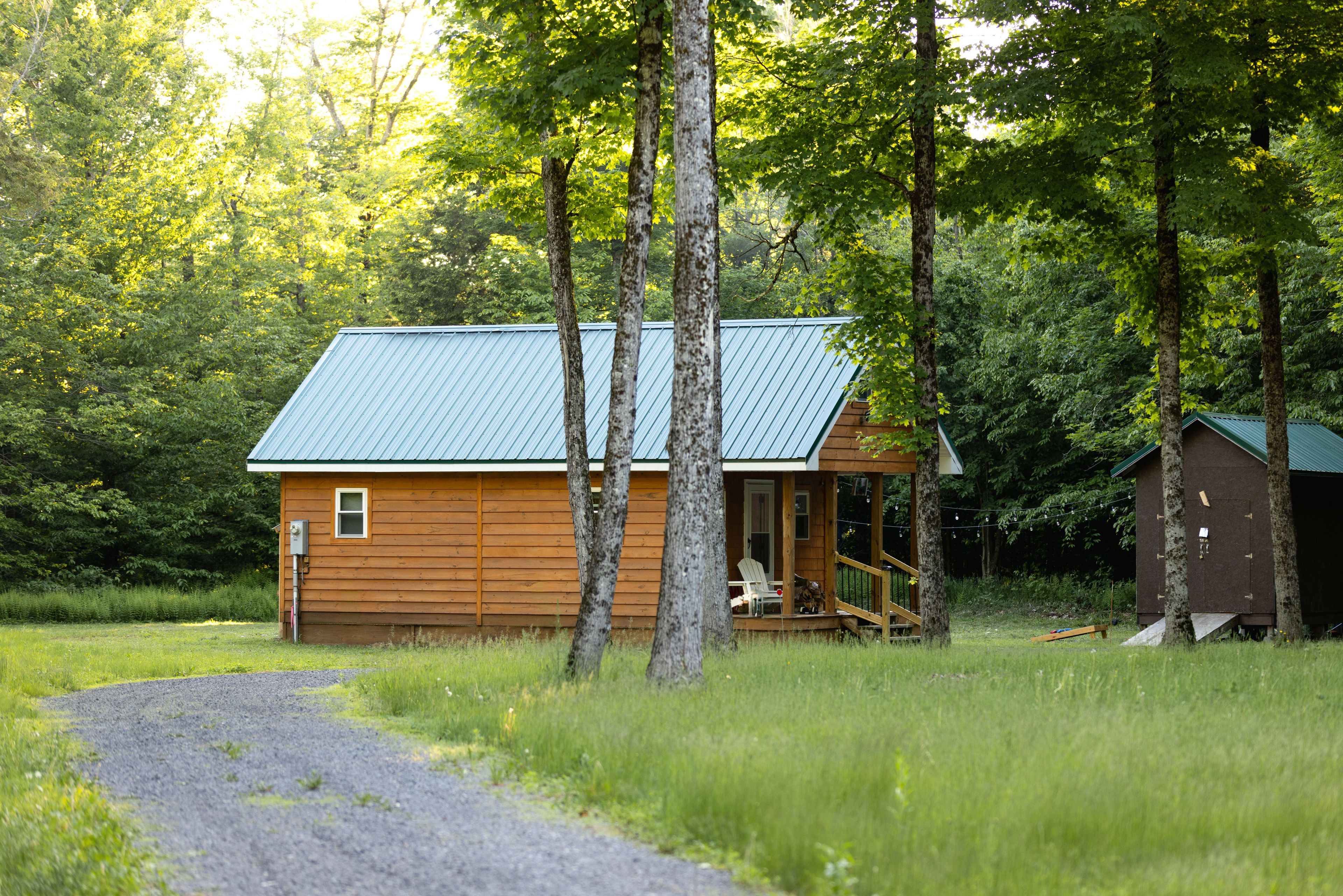 A wooden cabin with a metal roof, surrounded by trees and a gravel path.