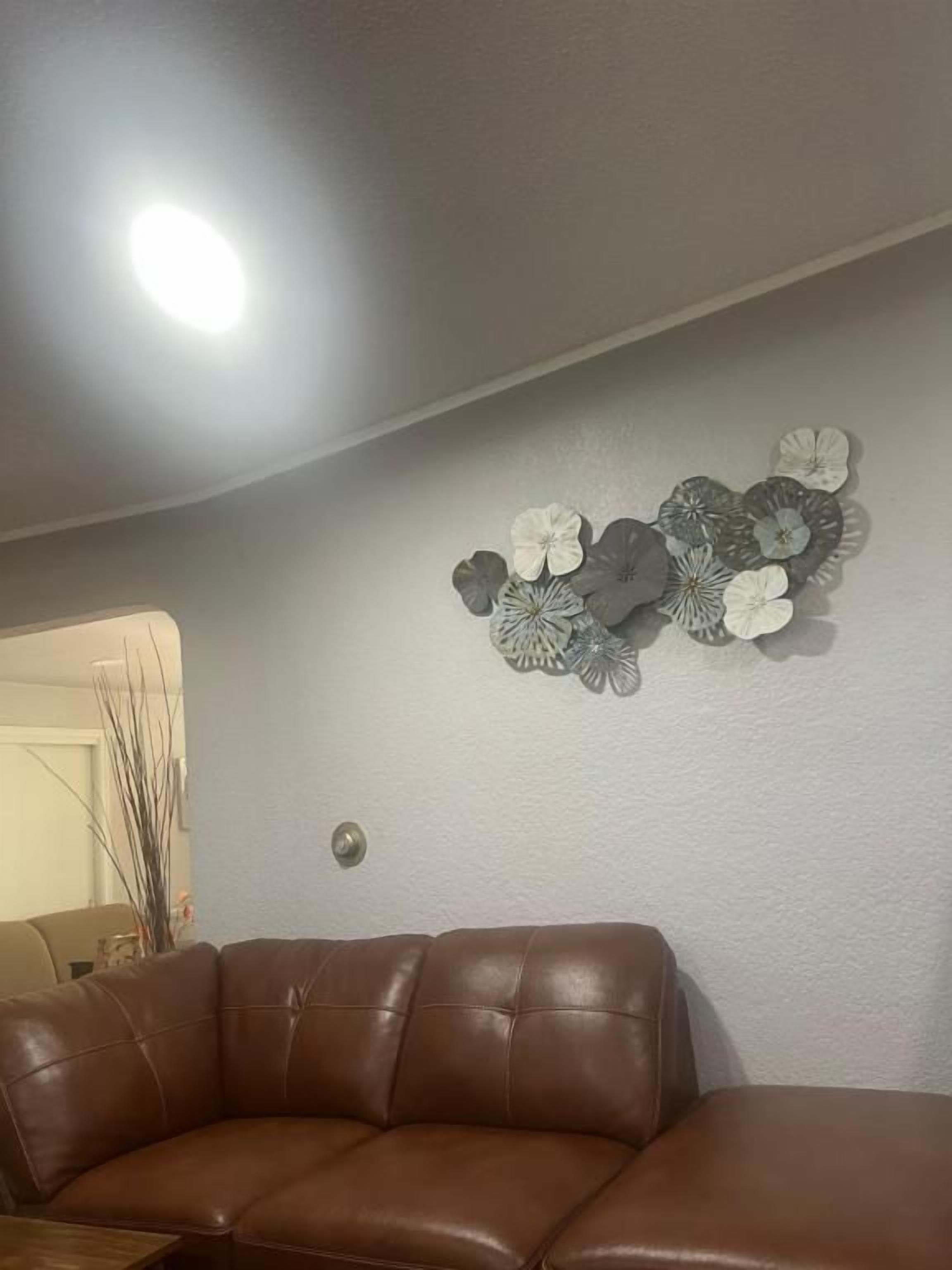 A living room with a brown leather sofa, a wall-mounted decorative piece, and a ceiling light.
