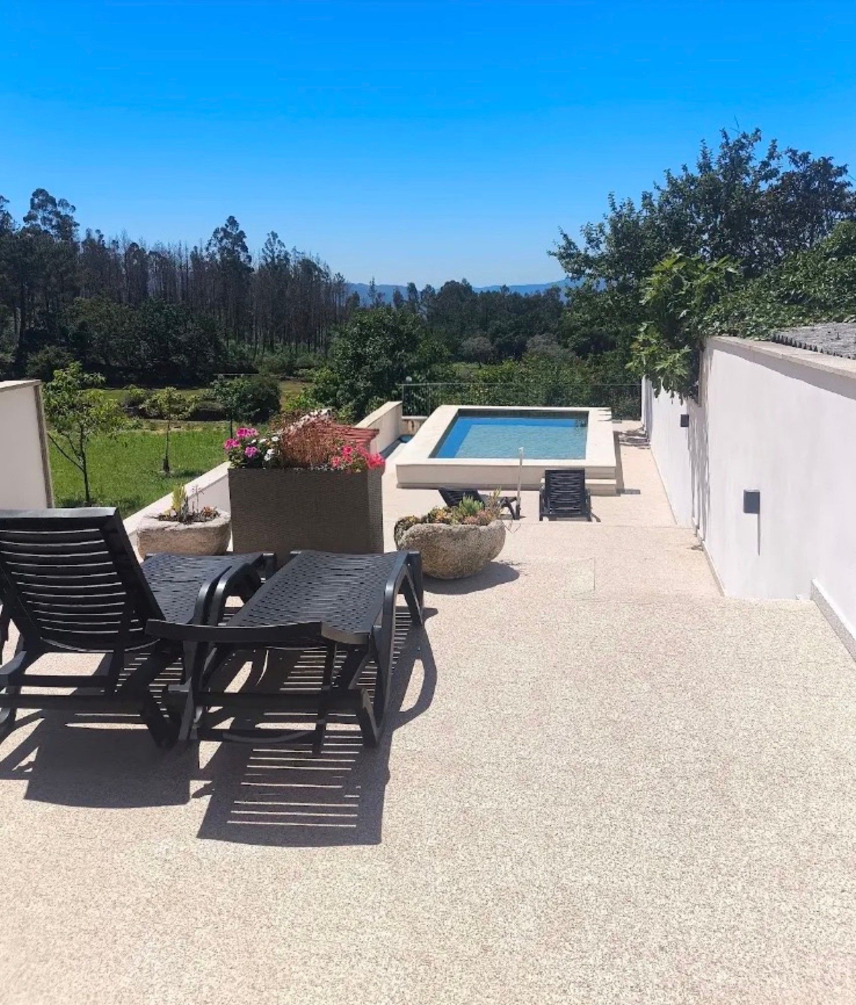Un espace piscine avec vue sur une forêt, un coin salon avec une table et des chaises, et un petit jardin fleuri.
