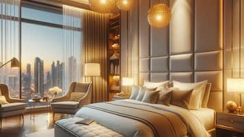 Quarto moderno com cama grande, vista para a cidade e luminária de teto original.