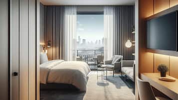 Quarto de hotel moderno com cama, área de estar, escrivaninha e televisão.