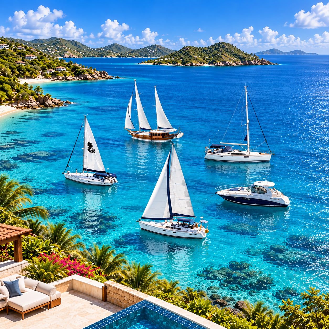Un paysage côtier avec de nombreux voiliers sur une eau bleu clair et limpide, entouré d’une végétation luxuriante et dominé par un paysage montagneux.