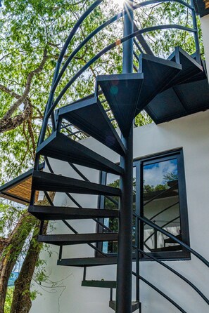 A spiral staircase with a metal frame and glass panels, leading to a building with a window.